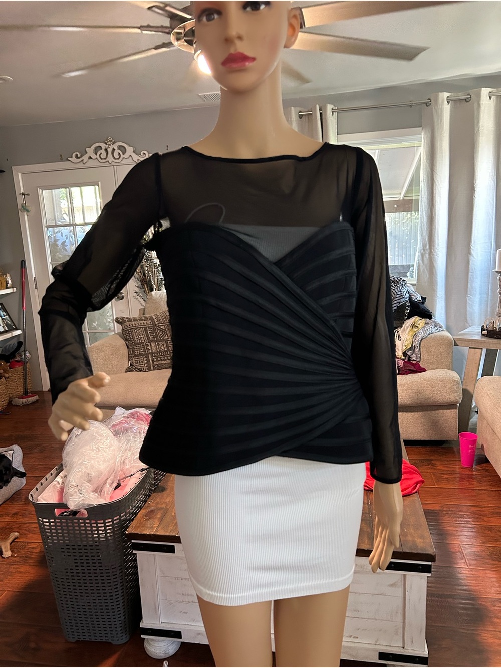 JS Collections Black Sheer Yoke Draped Long-Sleeve Blouse